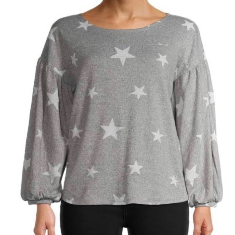 •MODA•GRAY & WHITE BOUTIQUE STAR BALLON SLEEVE AND CINCHED WRIST HEM. SIZE MED.